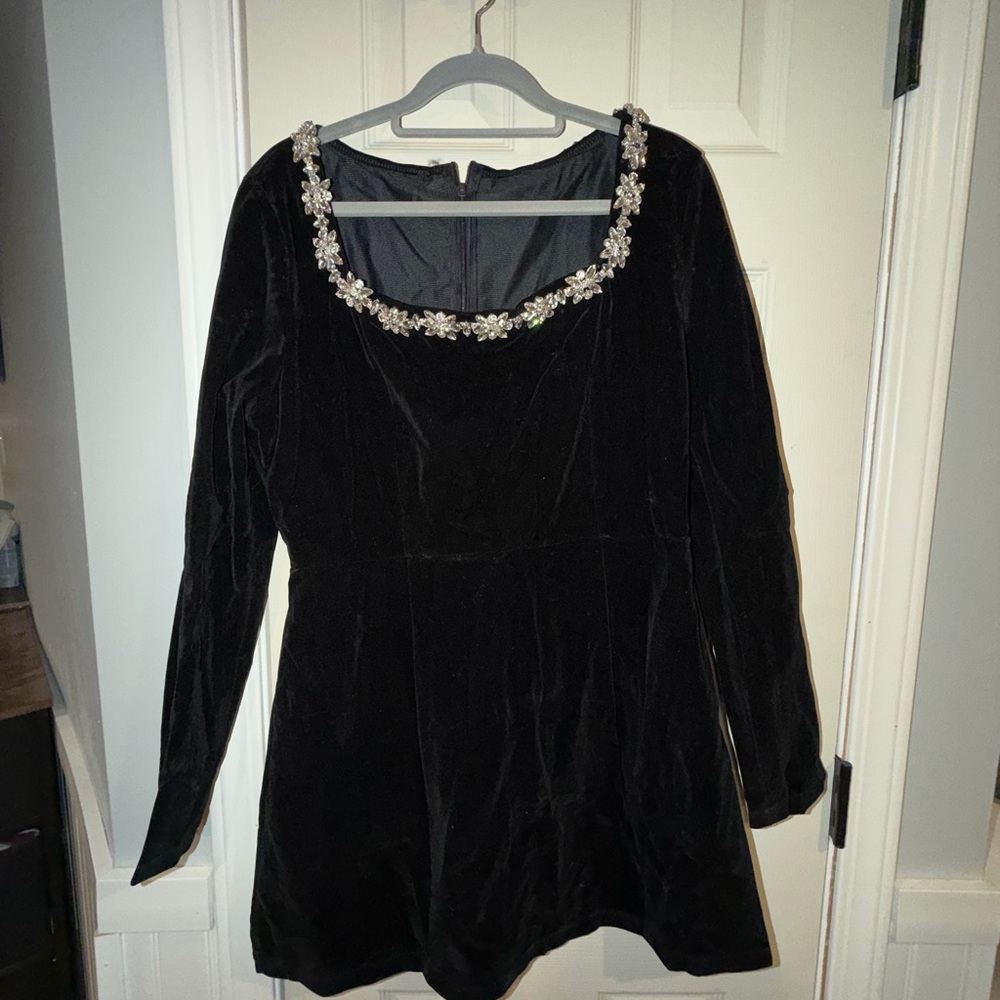Black Velvet Long Sleeve Dress with Jeweled Neckline